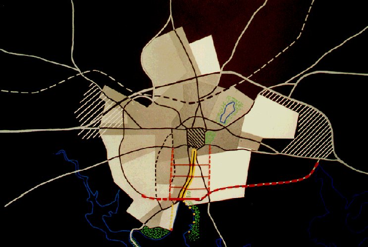 Plan d'intentions Montrant les diff�rentes densit�s actuelles et futures (blanc) et la trame urbaine propos�e.