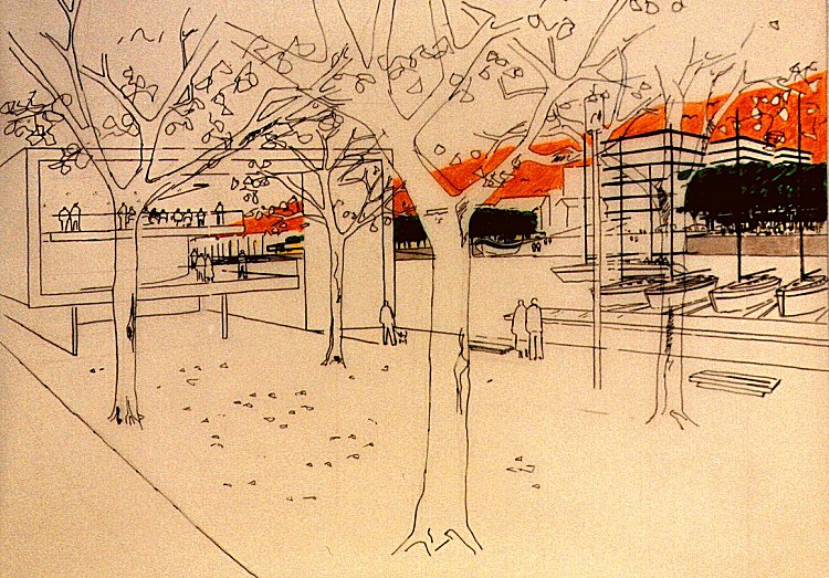 Perspective à main levée - Regard depuis la Promenade de la Rabine sur la rive Est.