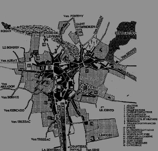 Vannes en 1860. Les grandes propri�t�s �ccl�siastiques, nobiliaires ou devenues Biens Nationaux sous la r�volution ceinturent une ville encore � peine sortie de ses remparts.