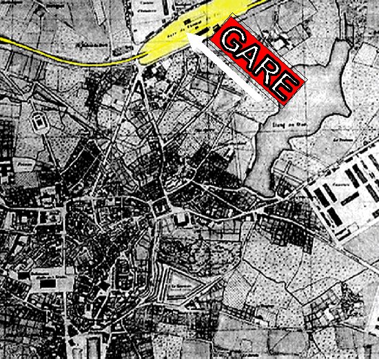 Plan de Vannes en 1898 conserv� aux Arch. Municipales. On aper�oit au nord la gare ferroviaire.