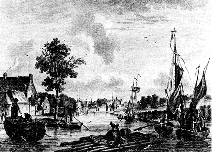 " Le port de Vannes vu de la Sauti�re � Haute-Mer." L'activit� maritime conna�t son apog�e au XVII�me  si�cle. Gravue d'Ozanne, collection des Ports de France, dessin�s pour le roi en 1776. Arch. d�p. du Morbihan. Photo J.-F. Decker.