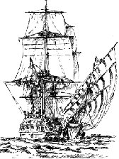 Octobre 1749 : " La Marguerite", navire n�grier vannetais, est ,ici, abord�e par un "Ch�bec", navire corsaire algerien, un large des C�tes du Portugal (dessin de K. Naslain).
