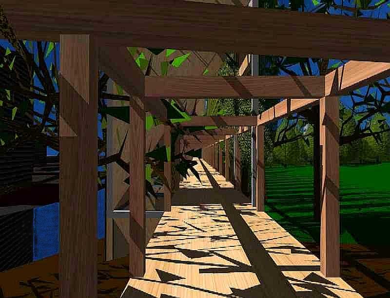 Image de synth�se : Promenade sur la passerelle sud qui longe la rivi�re : Entr�e est