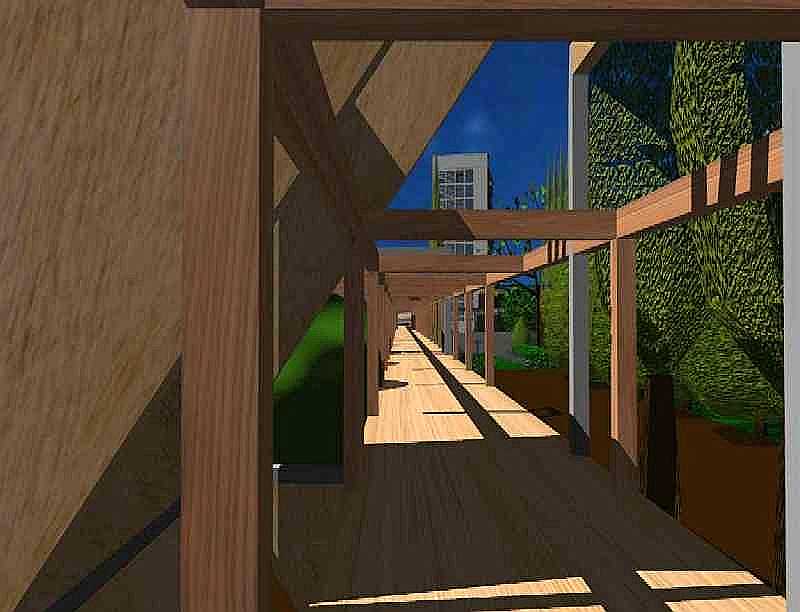 Image de synth�se : Promenade sur la passerelle sud qui longe la rivi�re 