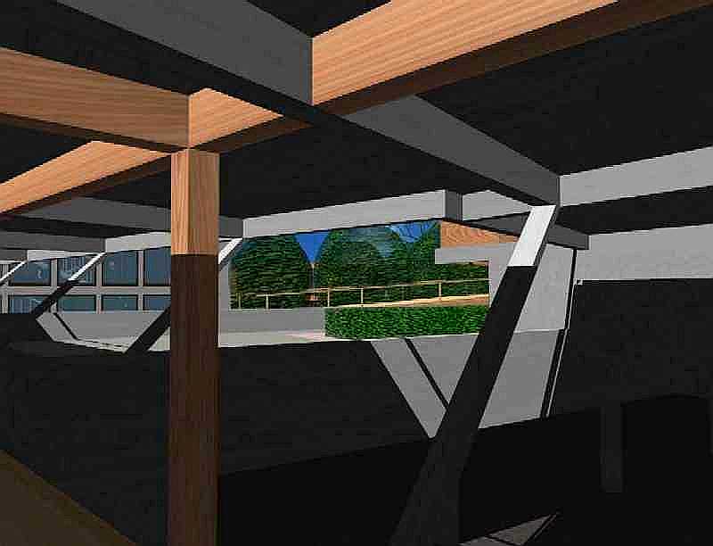 Image de synth�se : Promenade sur la passerelle basse passant sous l'extr�mit� sud de la passerelle haute